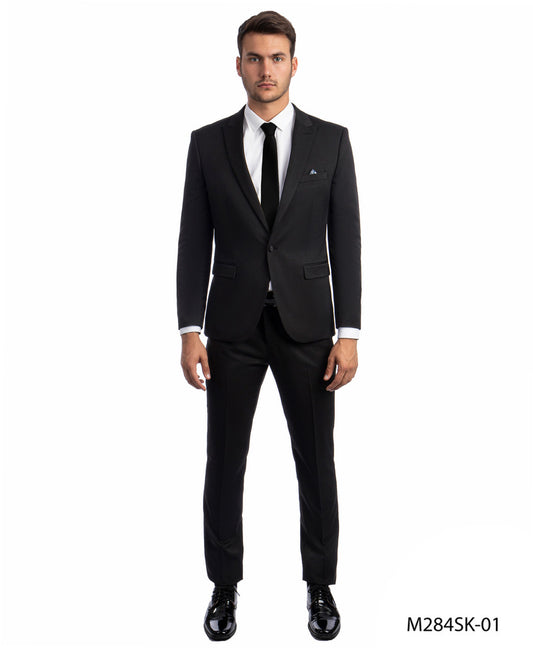 Solid Black Peak Lapel 2 Piece Skinny Fit Tazzio Men's Suit