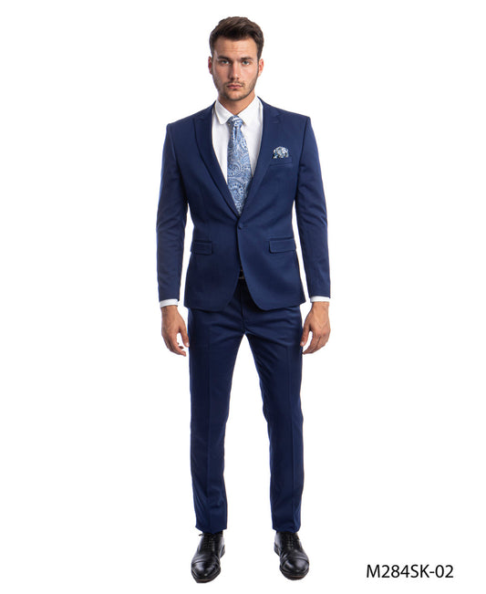 Solid Dark Blue Peak Lapel 2 Piece Skinny Fit Tazzio Men's Suit