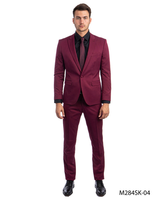 Solid Burgundy Peak Lapel 2 Piece Skinny Fit Tazzio Men's Suit