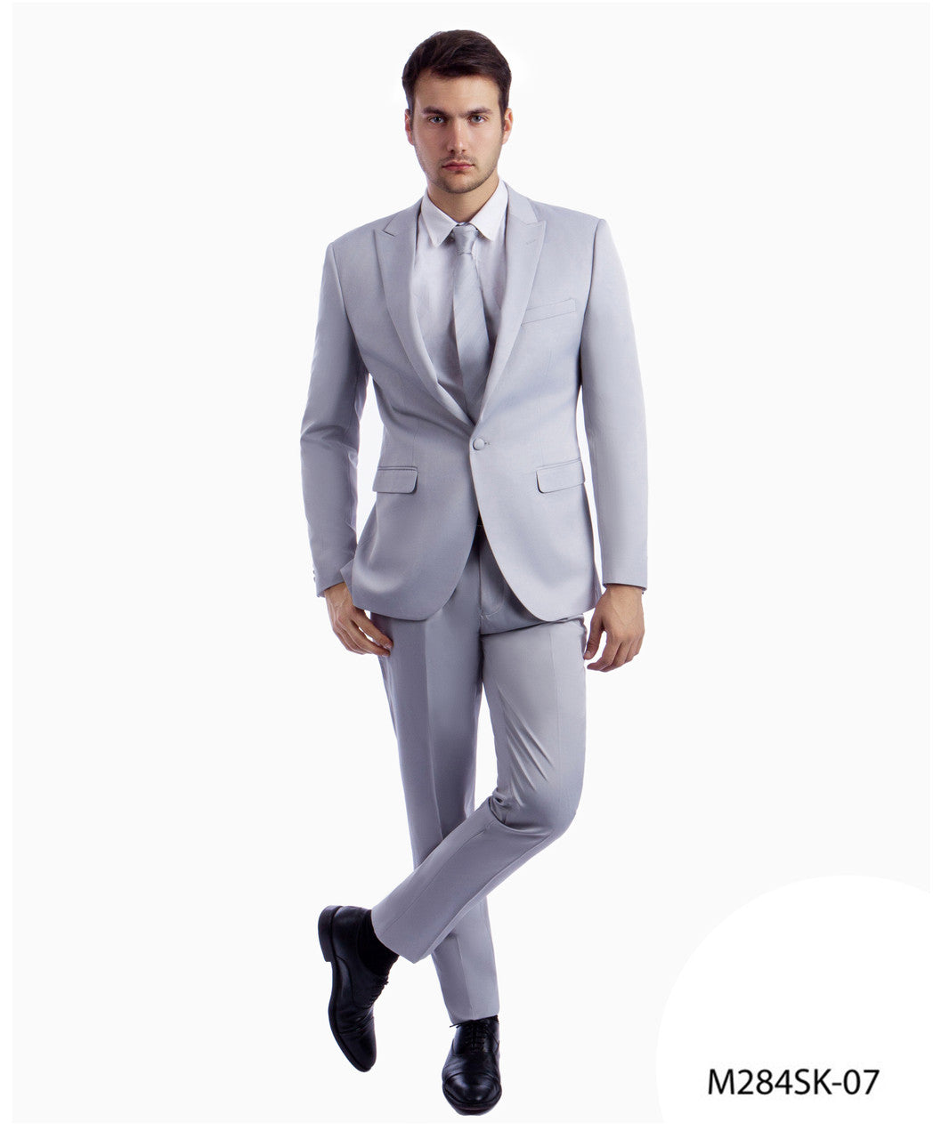 Solid Light Grey Peak Lapel 2 Piece Skinny Fit Tazzio Men's Suit