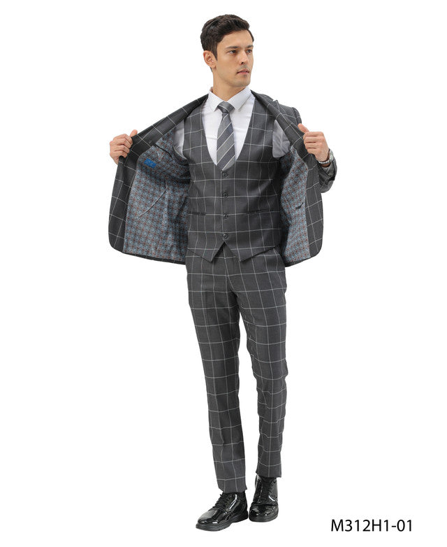 Grey Big Plaid Peak Lapel 3 Piece Hybrid Fit Sean Alexander Men's Suit