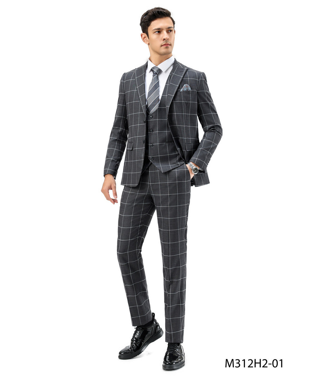Grey Big Plaid Peak Lapel 3 Piece Hybrid Fit Sean Alexander Men's Suit