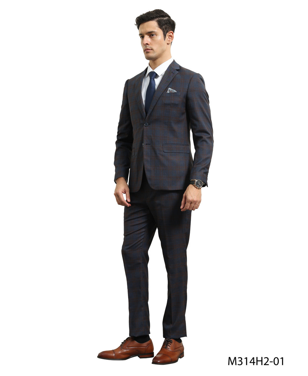 Blue/Brown Plaid Notch Lapel 3 Piece Hybrid Fit Sean Alexander Men's Suit