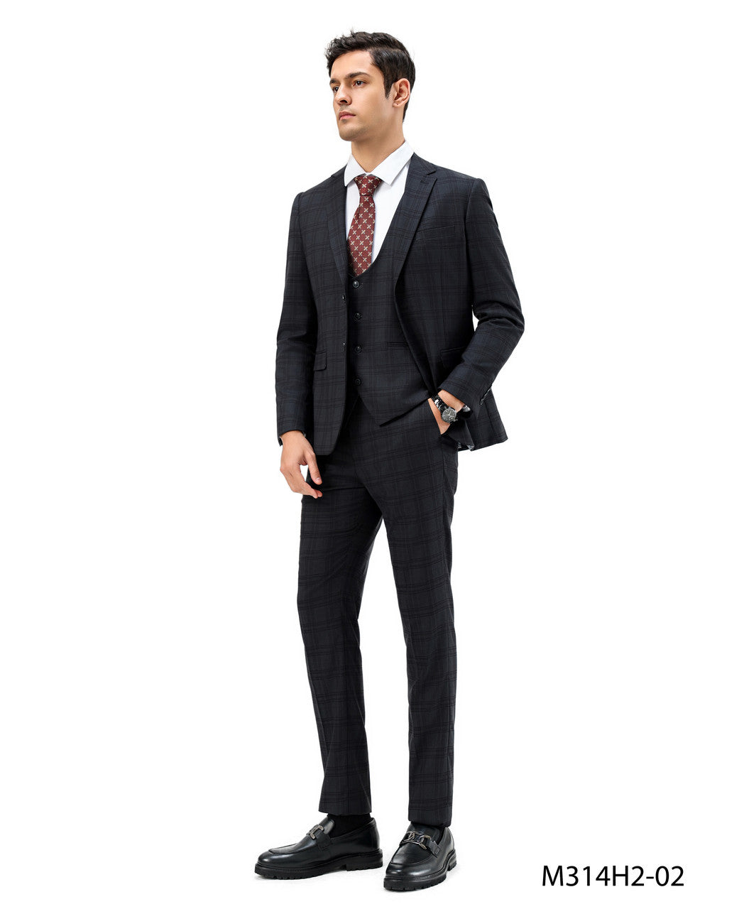 Black/Black Plaid Notch Lapel 3 Piece Hybrid Fit Sean Alexander Men's Suit