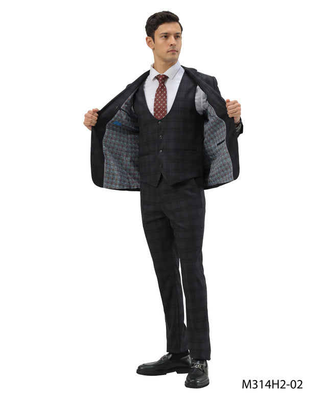Black/Black Plaid Notch Lapel 3 Piece Hybrid Fit Sean Alexander Men's Suit