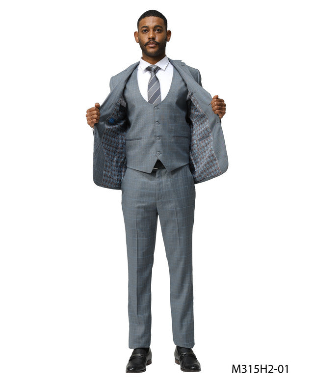 Grey Plaid Notch Lapel 3 Piece Hybrid Fit Sean Alexander Men's Suit