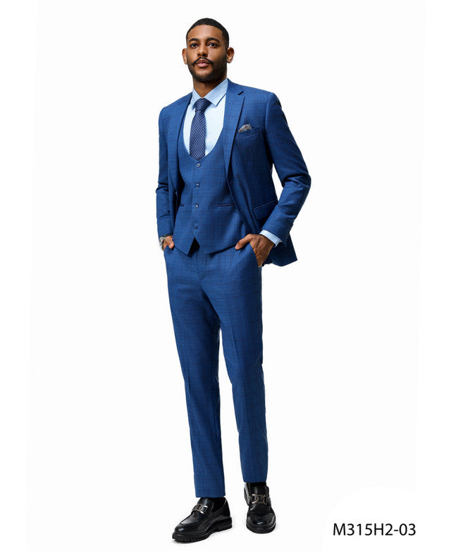 Dark Blue Plaid Notch Lapel 3 Piece Hybrid Fit Sean Alexander Men's Suit