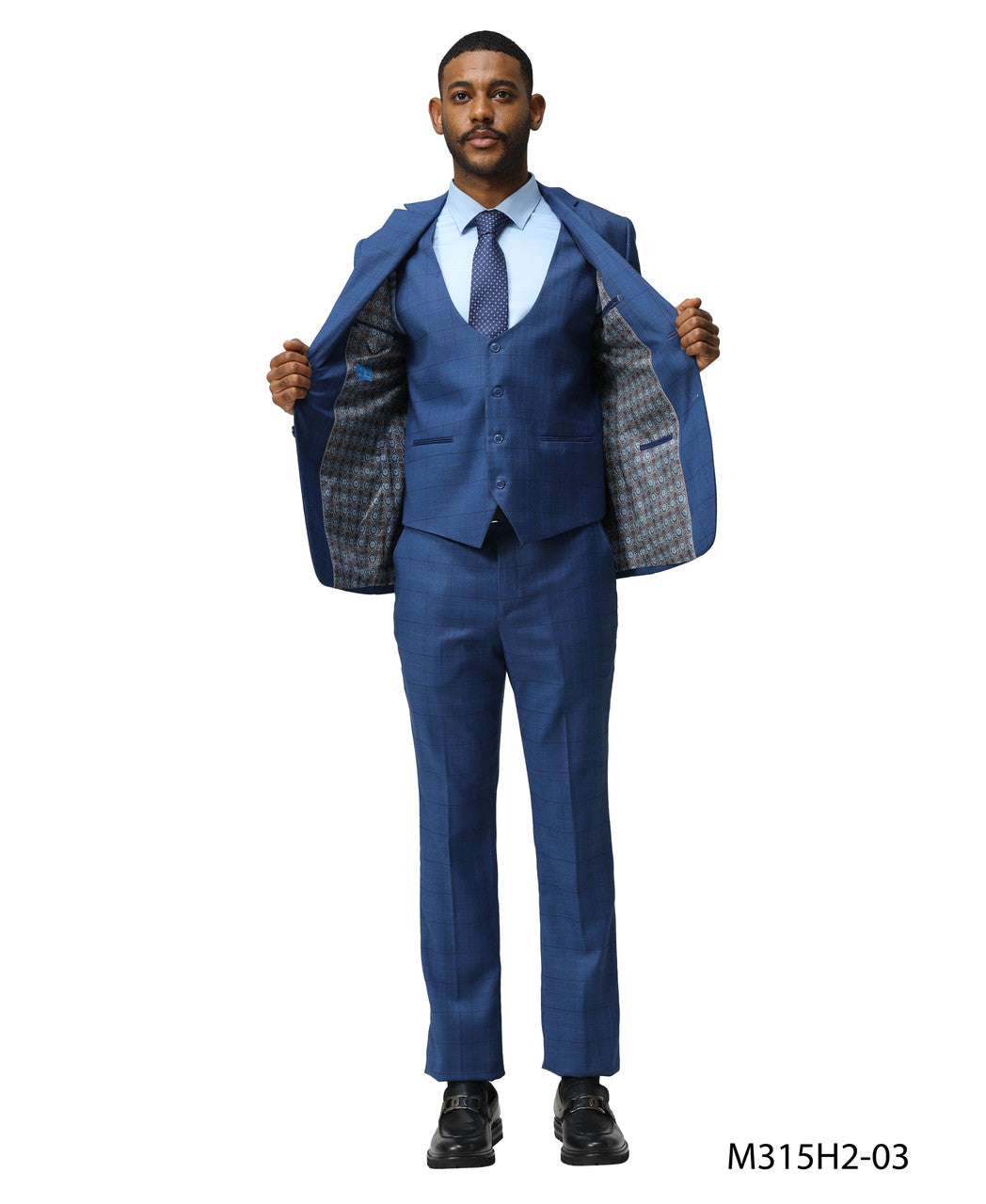 Dark Blue Plaid Notch Lapel 3 Piece Hybrid Fit Sean Alexander Men's Suit