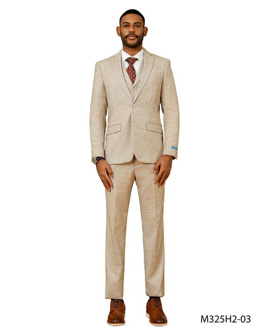 Beige Tweed Notch lapel 3 Piece Hybrid Fit Sean Alexander Men's Suit