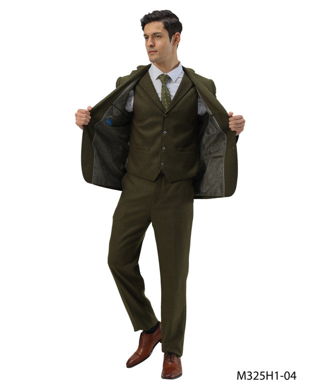 Olive Tweed Notch lapel 3 Piece Hybrid Fit Sean Alexander Men's Suit