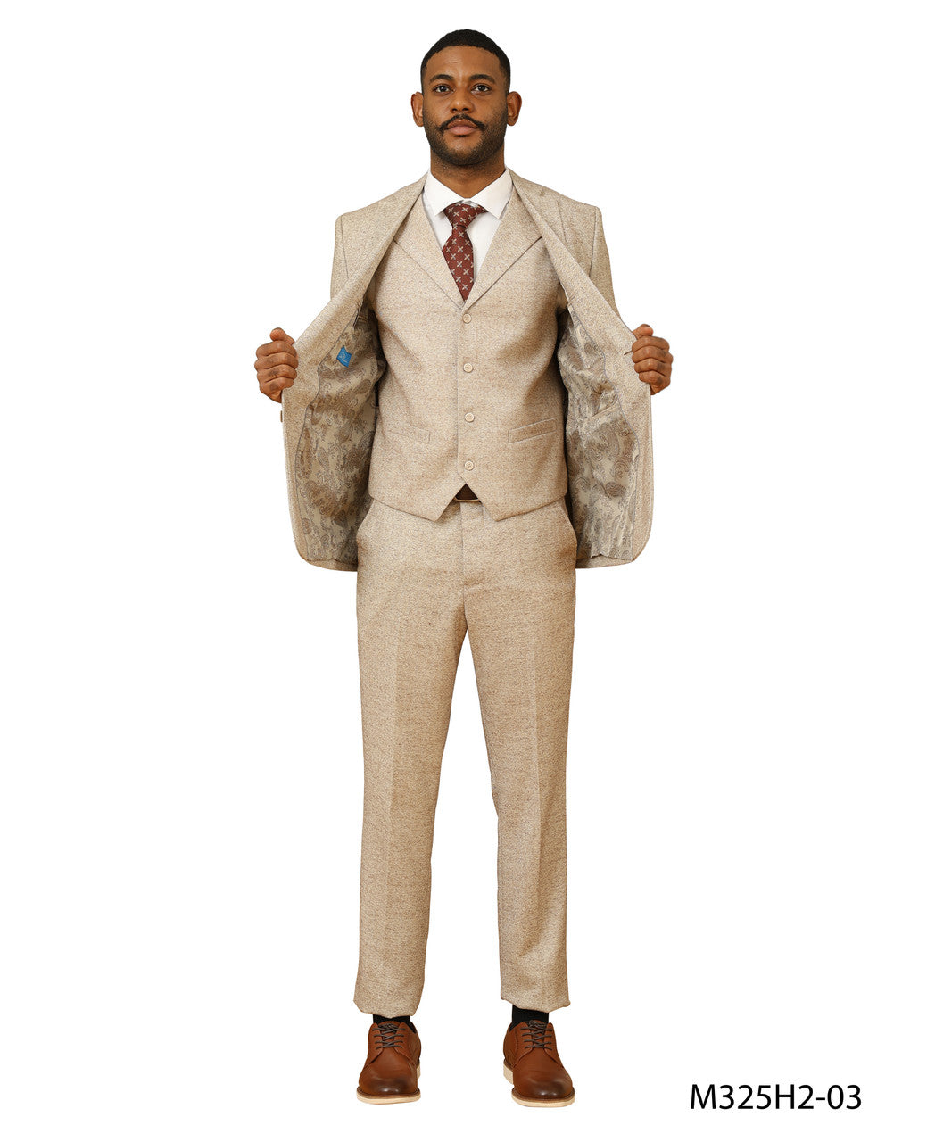 Beige Tweed Notch lapel 3 Piece Hybrid Fit Sean Alexander Men's Suit