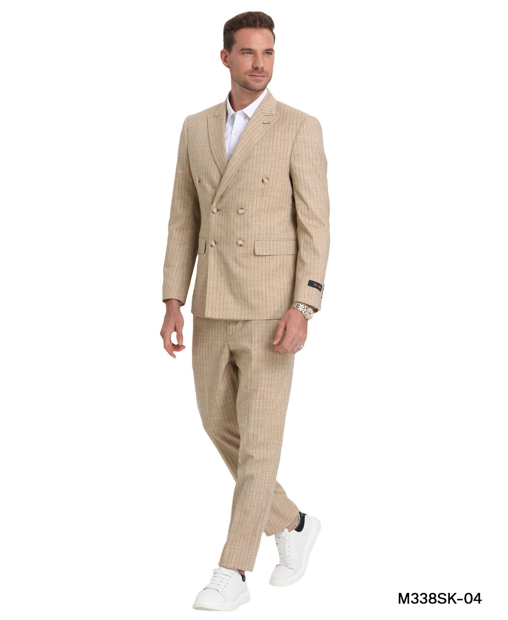 Khaki Pinstriped Sharkskin Double Breasted Peak Lapel 2