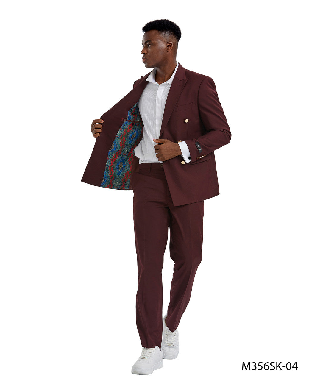 Burgundy Double Breasted Gold Buttons Peak Lapel 2 Piece Skinny Fit Tazzio Men's Suit