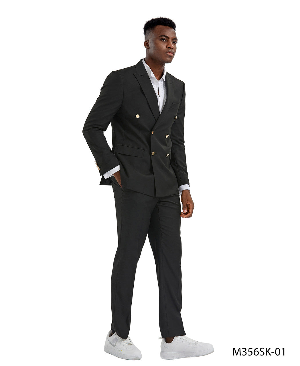 Black Double Breasted Gold Buttons Peak Lapel 2 Piece Skinny Fit Tazzio Men's Suit