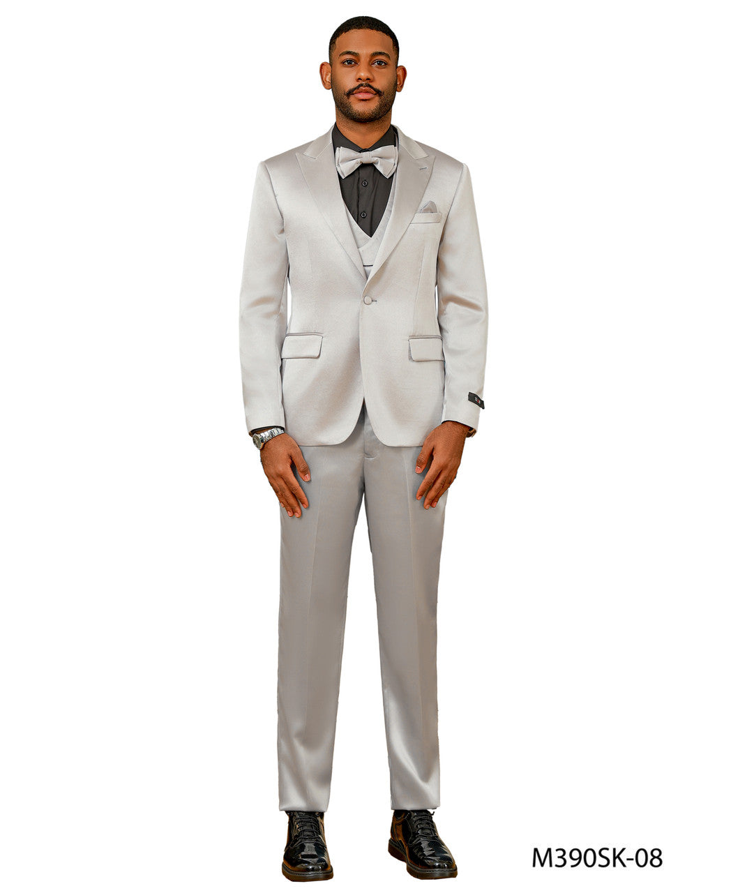 Silver Satin Texture Double Breasted Vest Peak Lapel 3 Piece Skinny Fit Tazzio Men's Suit With Matching Bowtie