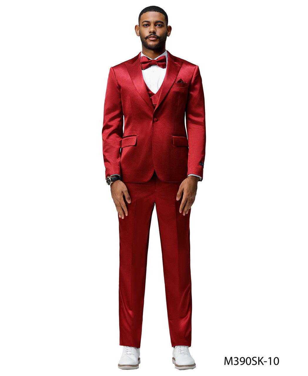 Burgundy Satin Texture Double Breasted Vest Peak Lapel 3 Piece Skinny Fit Tazzio Men's Suit With Matching Bowtie