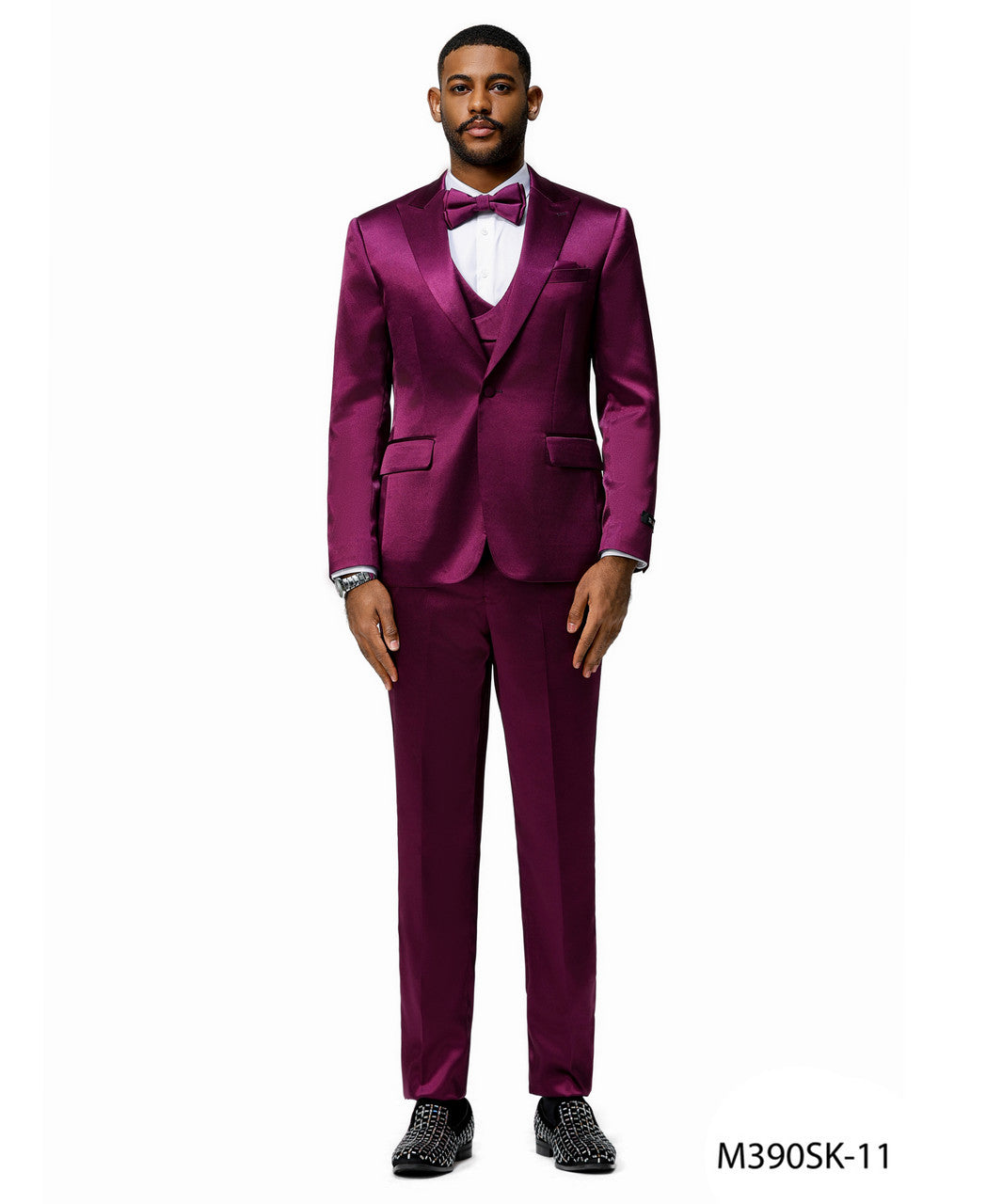 Purple Satin Texture Double Breasted Vest Peak Lapel 3 Piece Skinny Fit Tazzio Men's Suit With Matching Bowtie