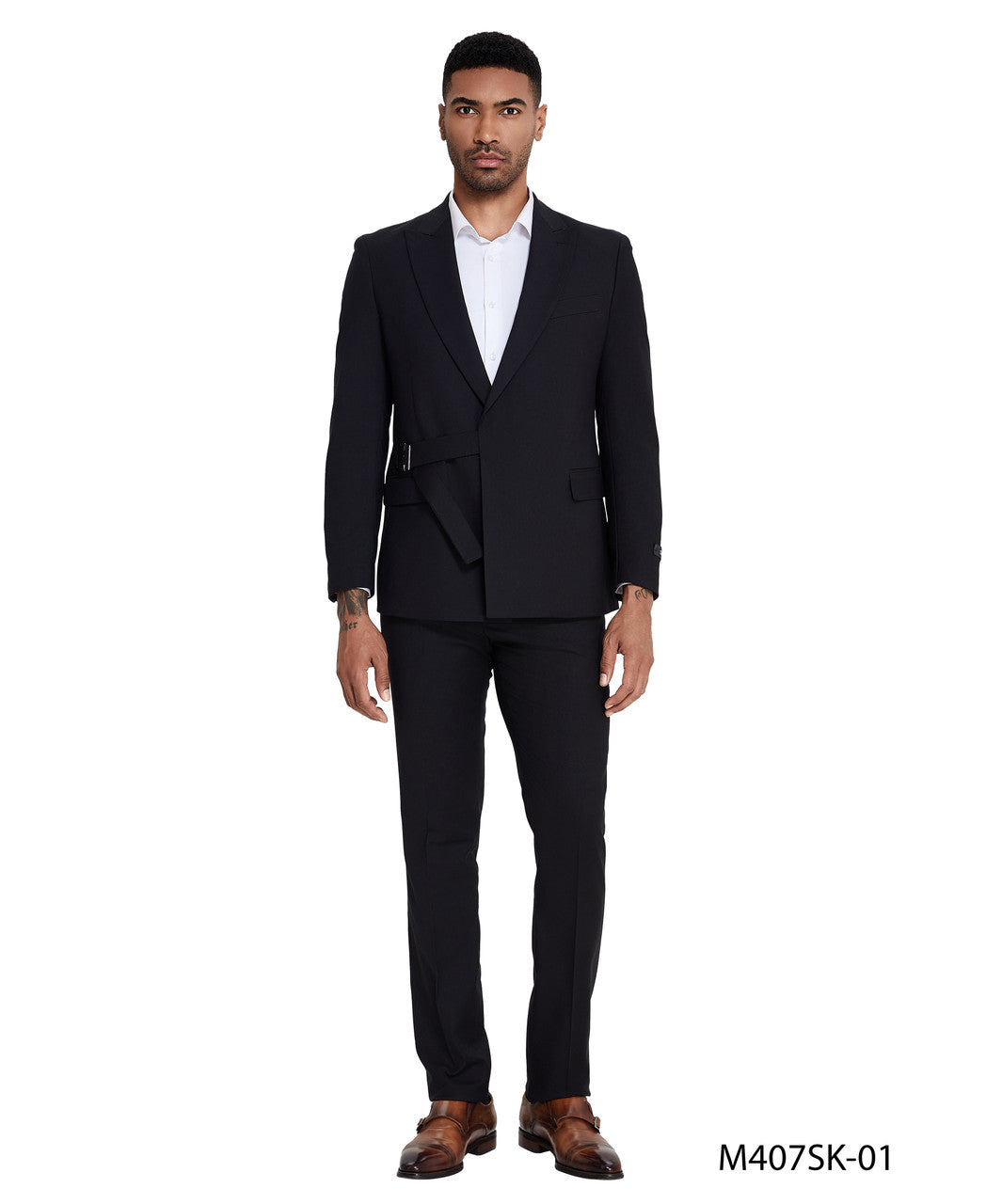 Black Peak Lapel With Belt In Jacket 2 Piece Skinny Fit Tazzio Men's Suit