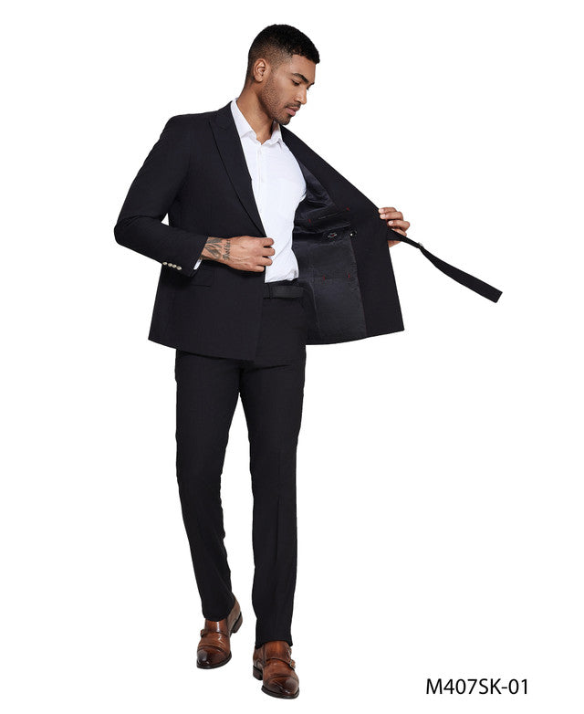Black Peak Lapel With Belt In Jacket 2 Piece Skinny Fit Tazzio Men's Suit