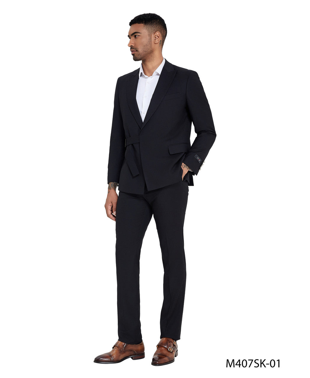 Black Peak Lapel With Belt In Jacket 2 Piece Skinny Fit Tazzio Men's Suit