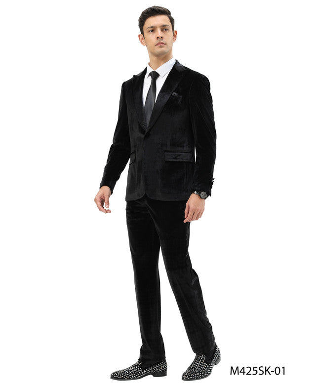 Black Velvet Peak Lapel 2 Piece Skinny Fit Tazzio Men's Suit