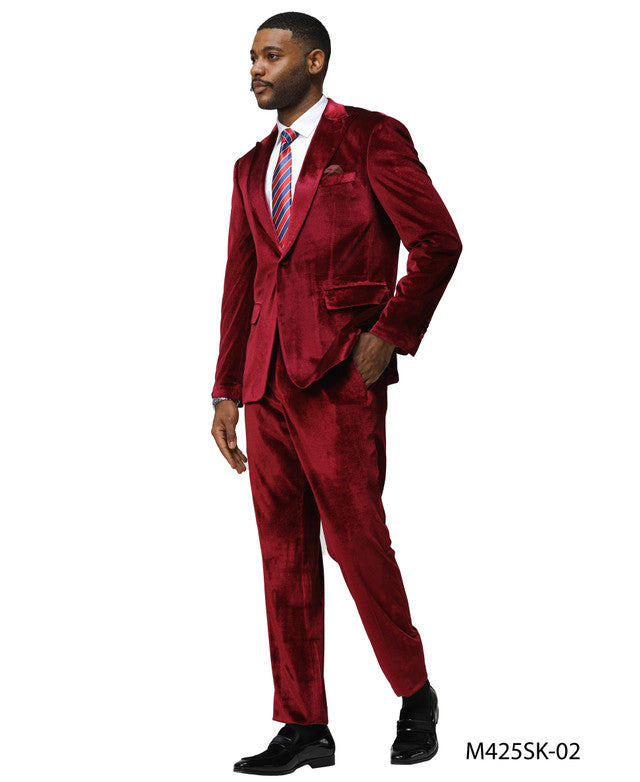 Burgundy Velvet Peak Lapel 2 Piece Skinny Fit Tazzio Men's Suit