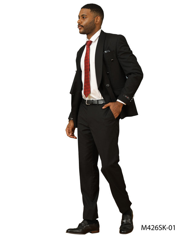 Black Double Breasted Shawl Lapel Skinny Fit Tazzio Men's Suit