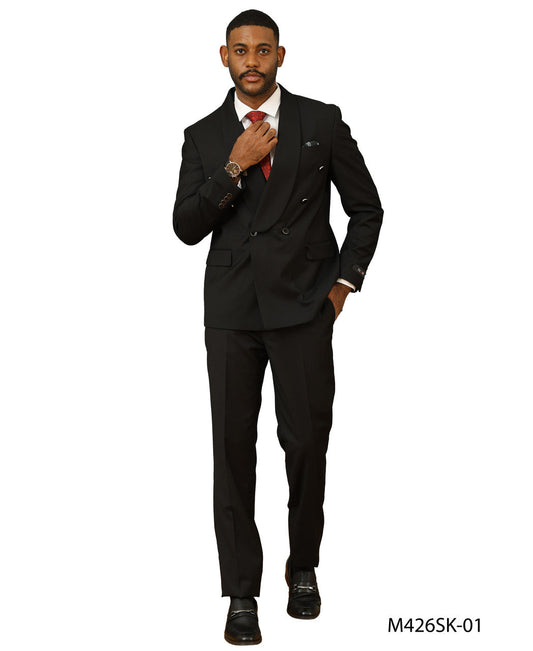 Black Double Breasted Shawl Lapel Skinny Fit Tazzio Men's Suit