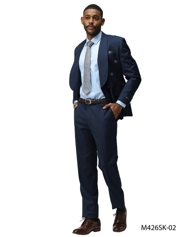 Navy Double Breasted Shawl Lapel Skinny Fit Tazzio Men's Suit