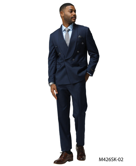 Navy Double Breasted Shawl Lapel Skinny Fit Tazzio Men's Suit