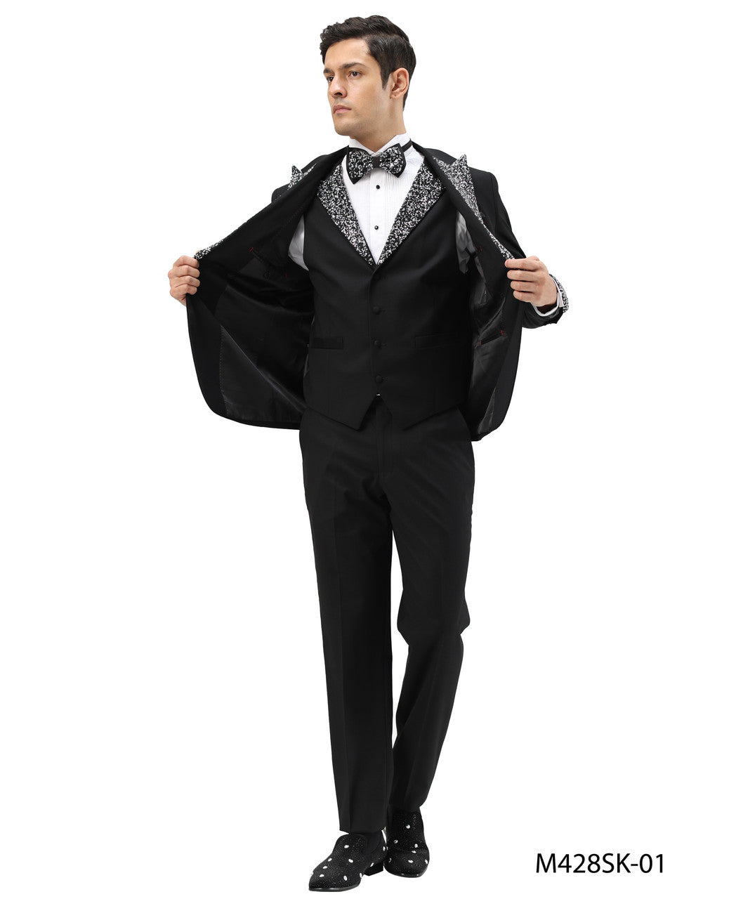 Black Stoned Peak Lapel 3 Piece Skinny Fit Men's Suit W/ Matching Bowtie