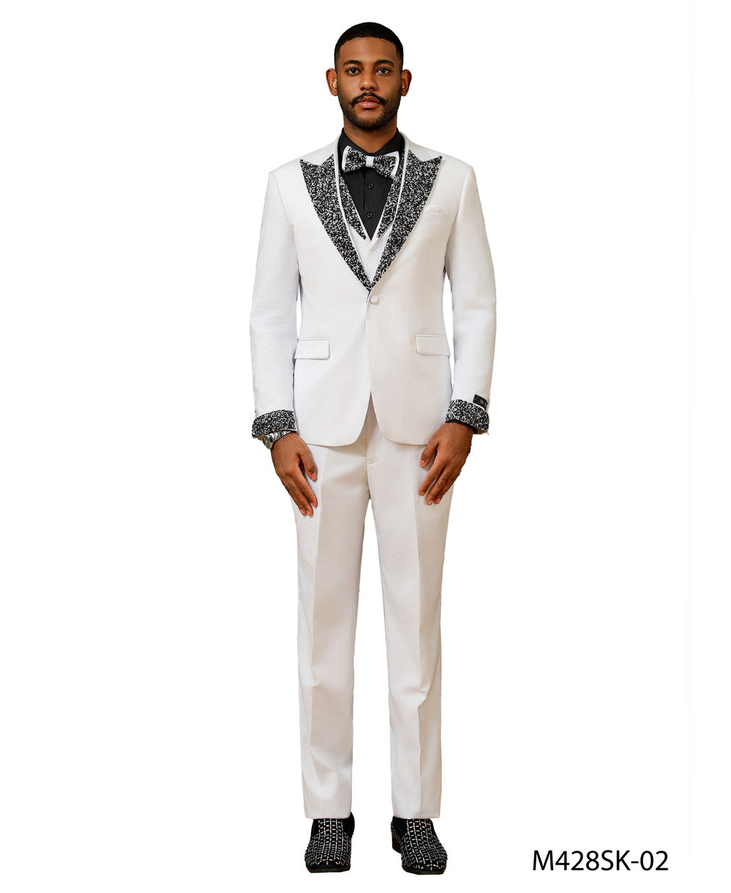 White Stoned Peak Lapel 3 Piece Skinny Fit Men's Suit W/ Matching Bowtie