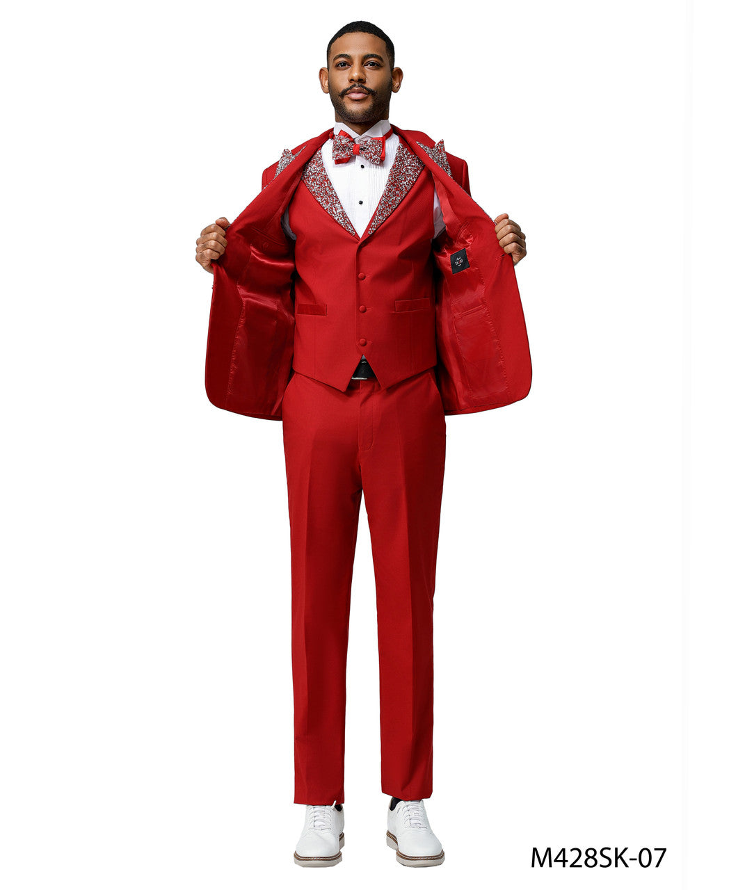 Red Stoned Peak Lapel 3 Piece Skinny Fit Men's Suit W/ Matching Bowtie