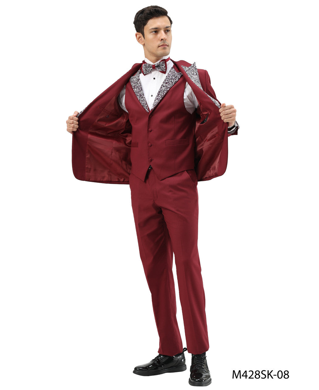 Burgundy Stoned Peak Lapel 3 Piece Skinny Fit Men's Suit W/ Matching Bowtie