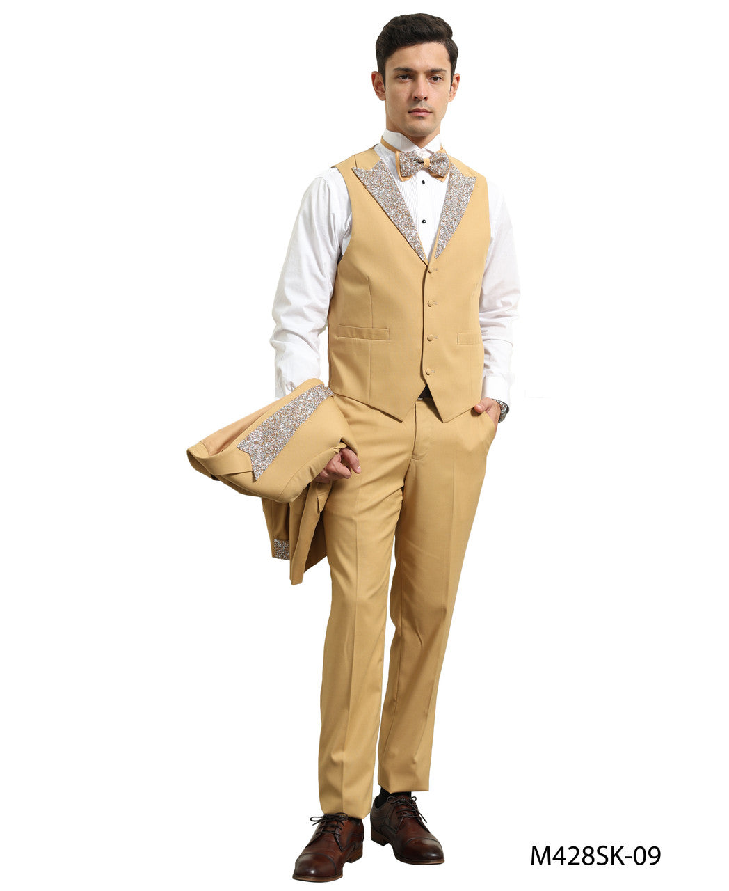 Champagne Stoned Peak Lapel 3 Piece Skinny Fit Men's Suit W/ Matching Bowtie