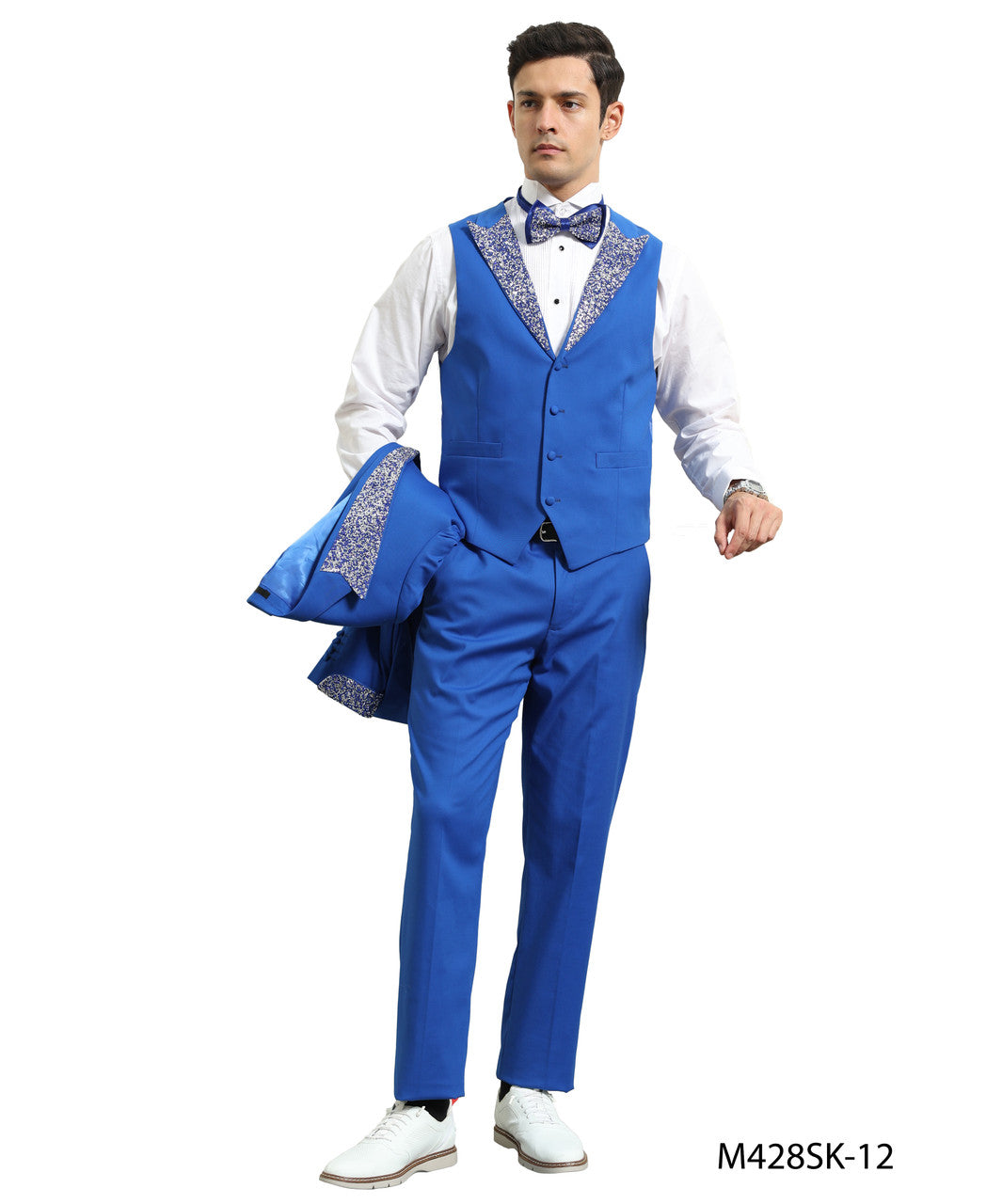 Royal Stoned Peak Lapel 3 Piece Skinny Fit Men's Suit W/ Matching Bowtie