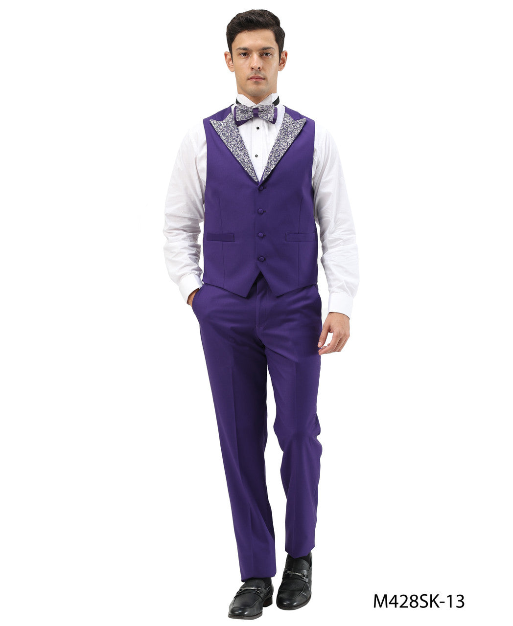 Purple Stoned Peak Lapel 3 Piece Skinny Fit Men's Suit W/ Matching Bowtie