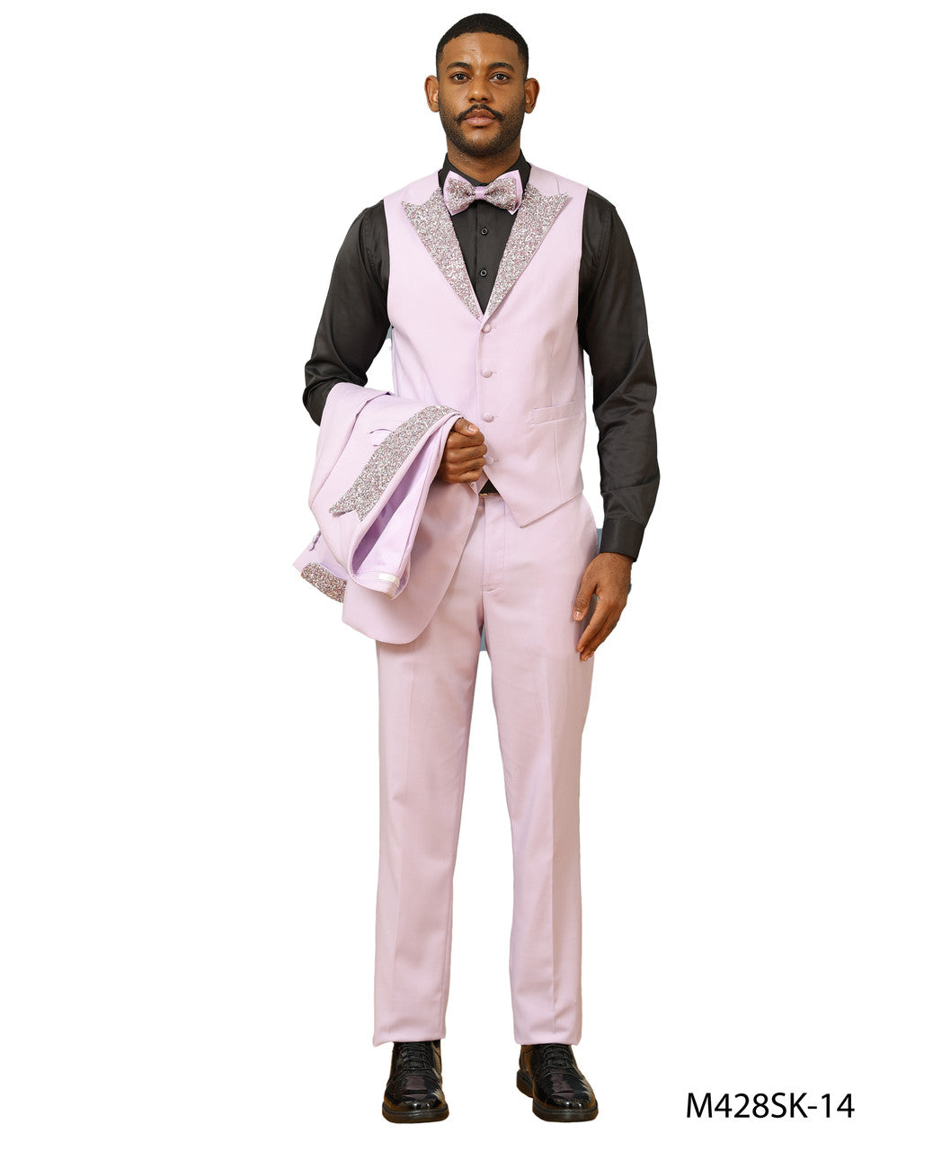 Lavender Stoned Peak Lapel 3 Piece Skinny Fit Men's Suit W/ Matching Bowtie