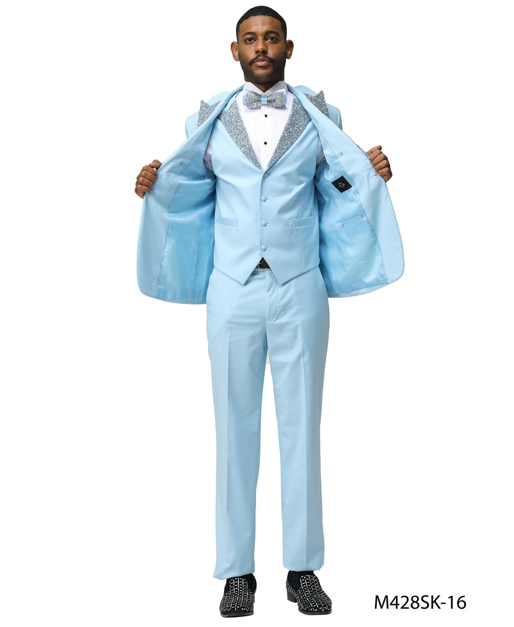 Sky Blue Stoned Peak Lapel 3 Piece Skinny Fit Men's Suit W/ Matching Bowtie