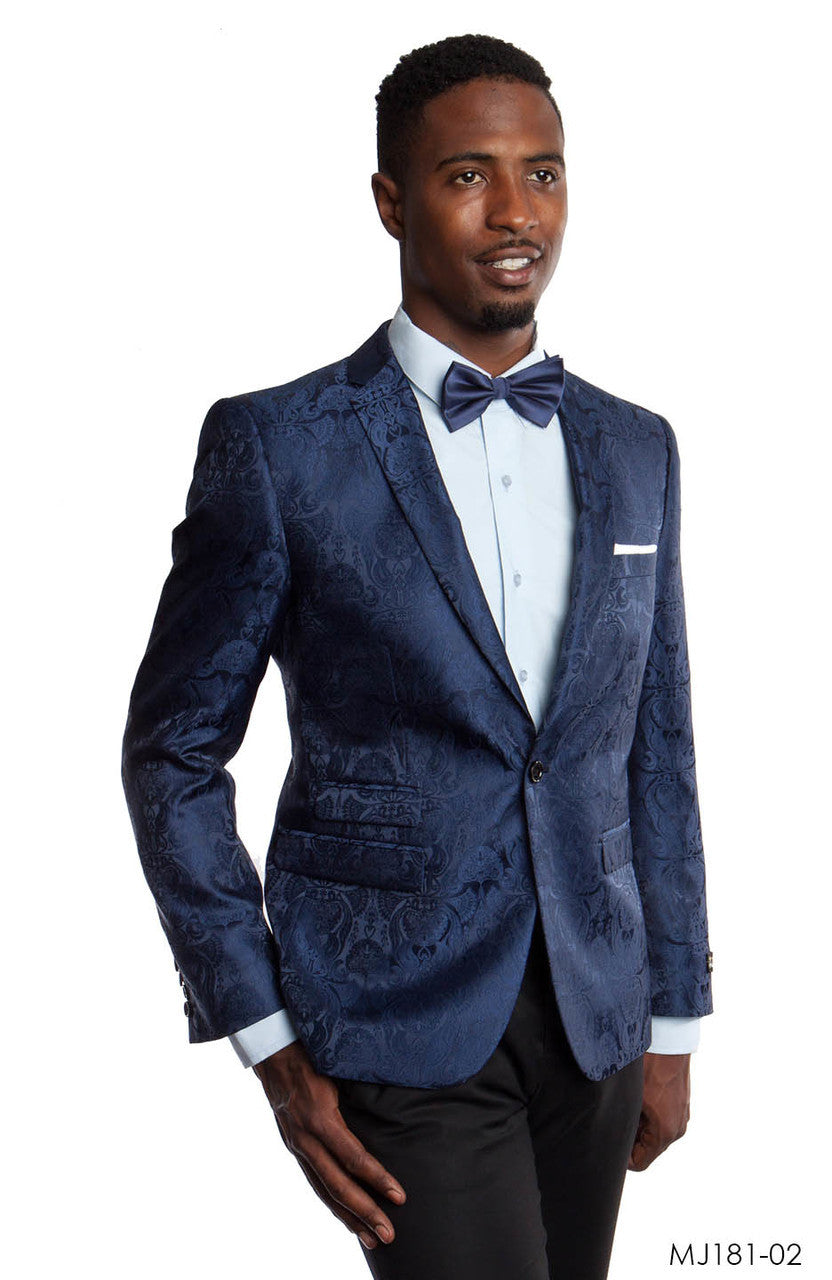 Navy Blue Notch Lapel Paisley Slim Fit Tazzio Men's Jacket