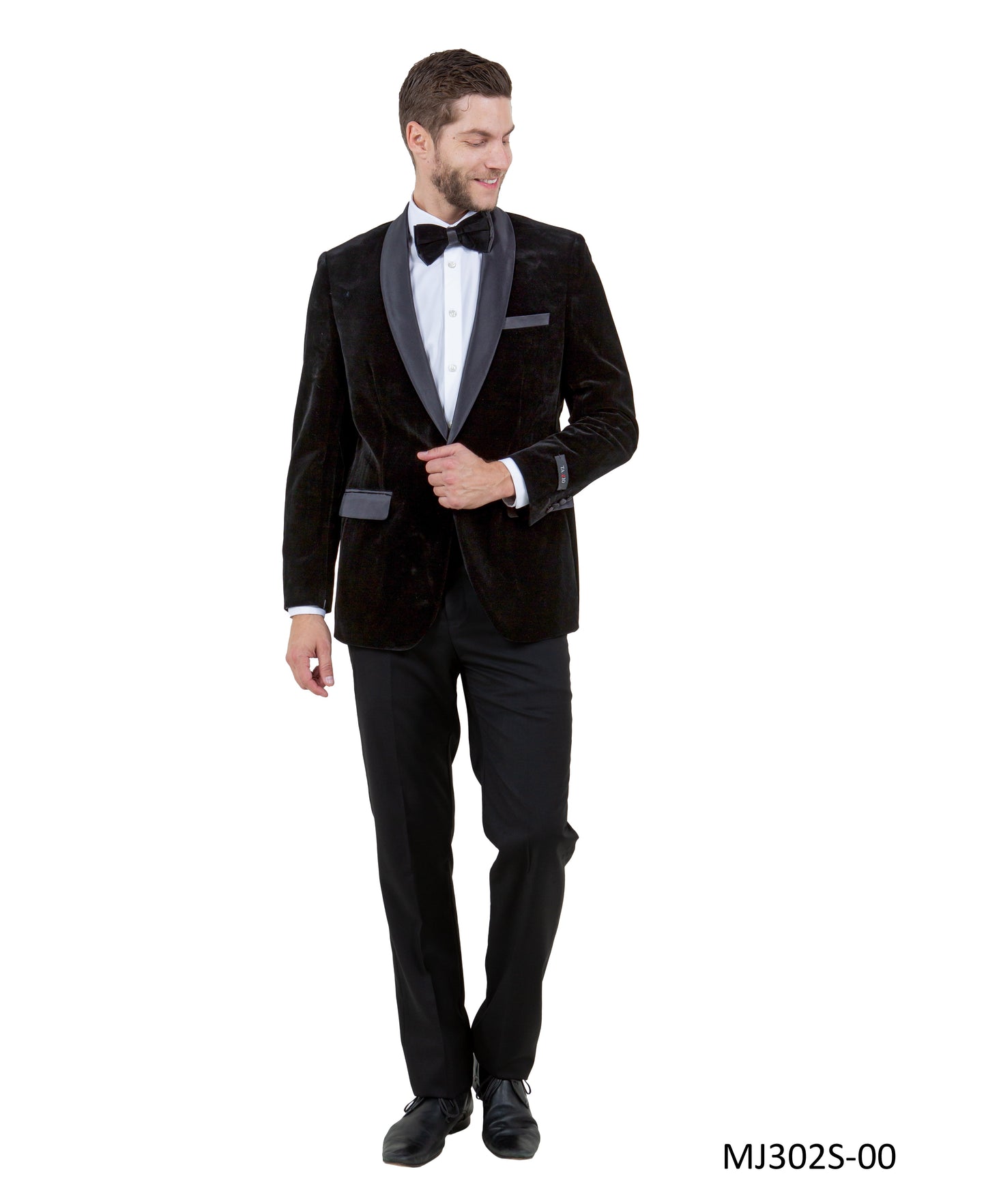 Black Velvet Satin Shawl Lapel Slim Fit Tazzio Men's Jacket With Matching Bowtie