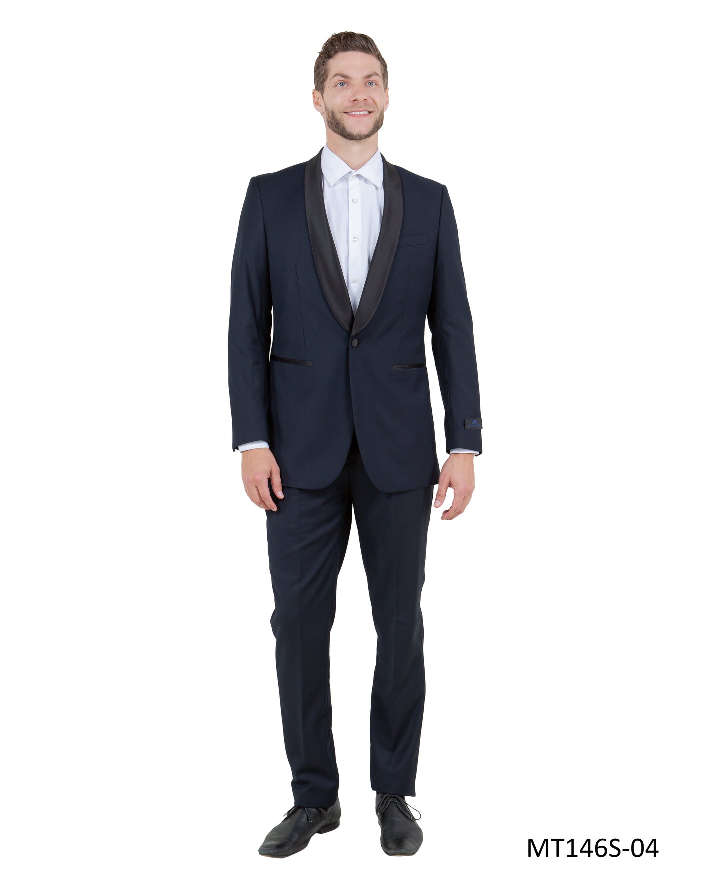 Navy on Black Satin Shawl Lapel Slim Fit 2 Piece Bryan Michaels Men's Tuxedo