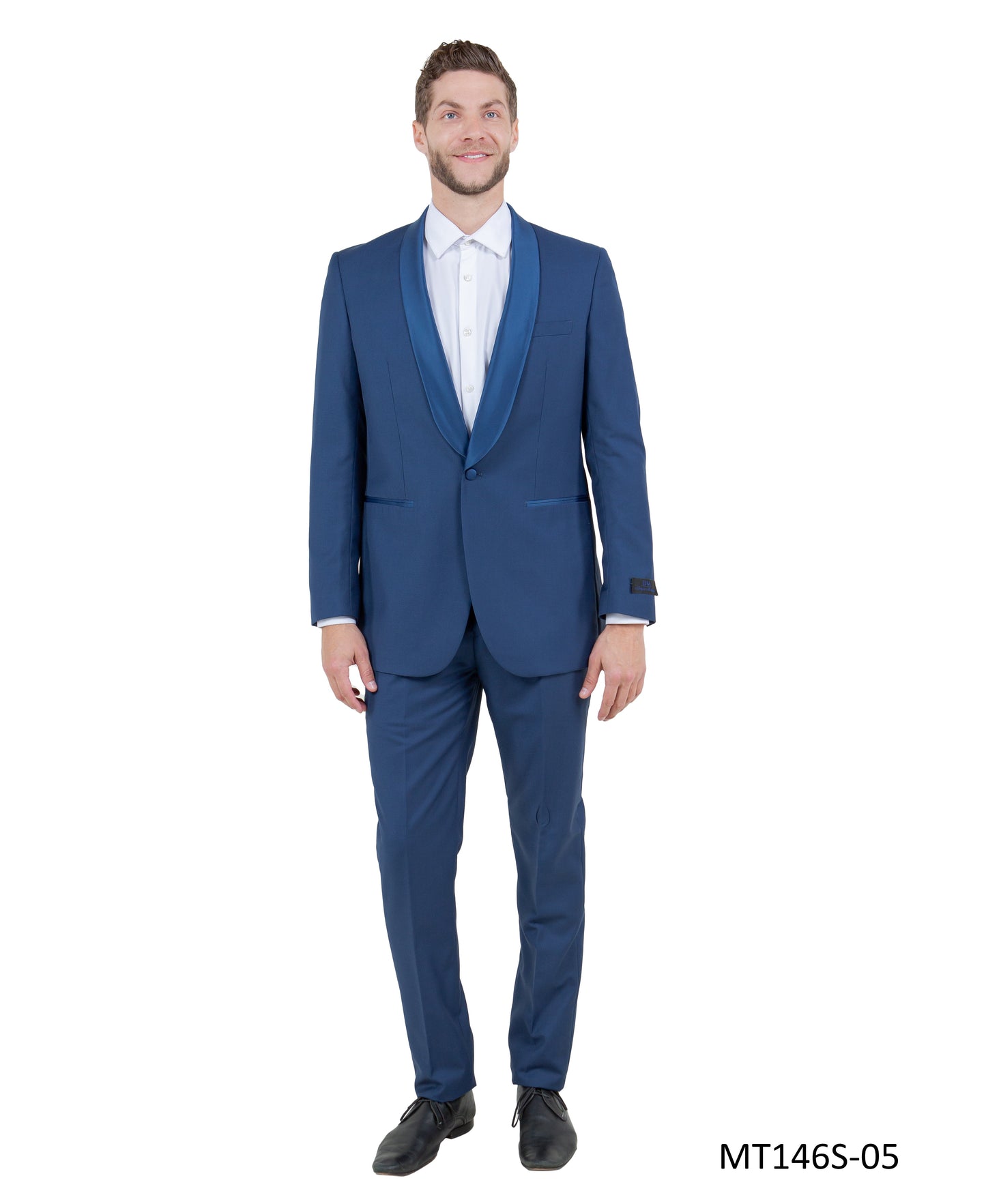 Blue on Black Satin Shawl Lapel Slim Fit 2 Piece Bryan Michaels Men's Tuxedo