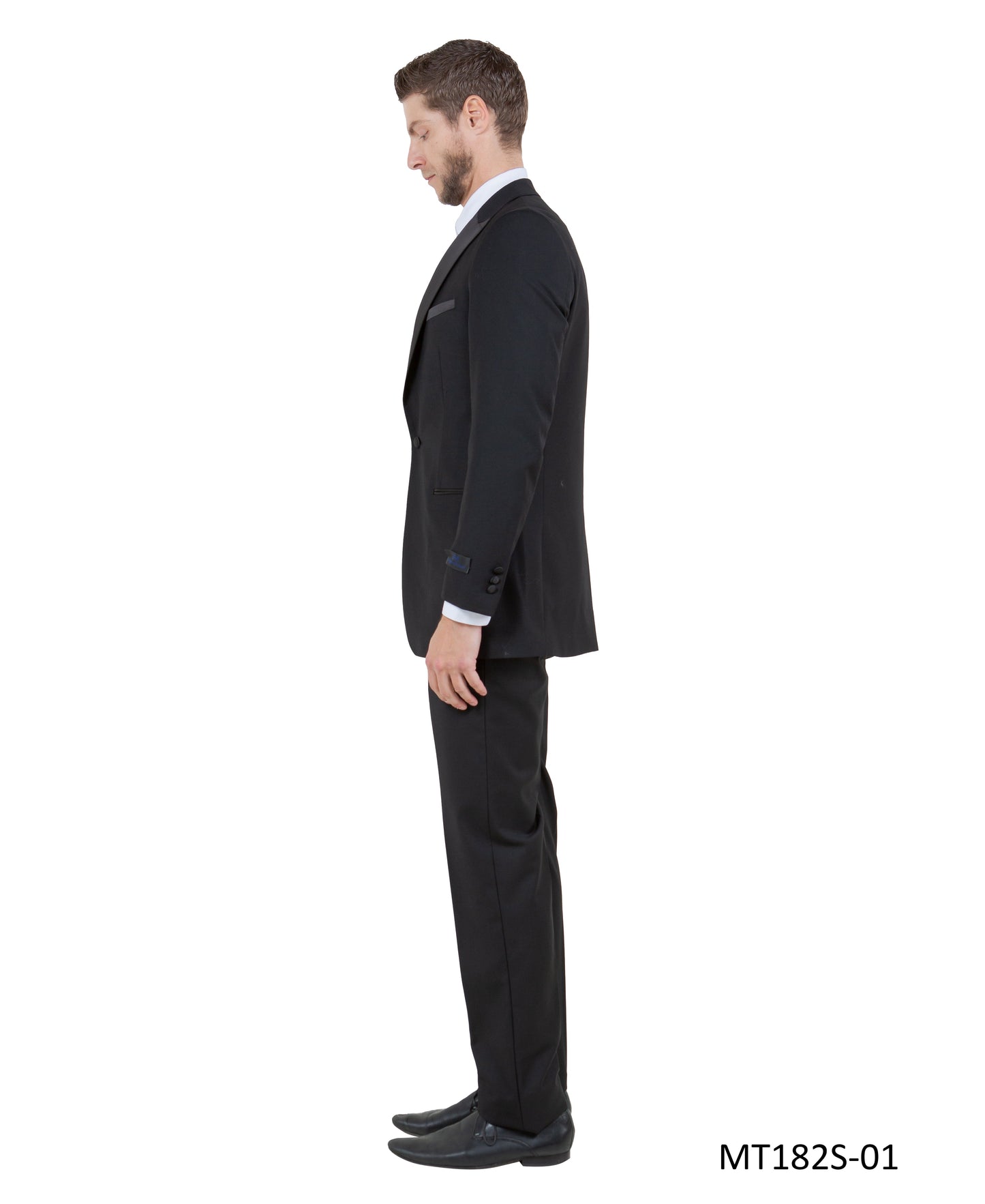 Black on Black Satin Peak Lapel Slim Fit 2 Piece Bryan Michaels Men's Tuxedo