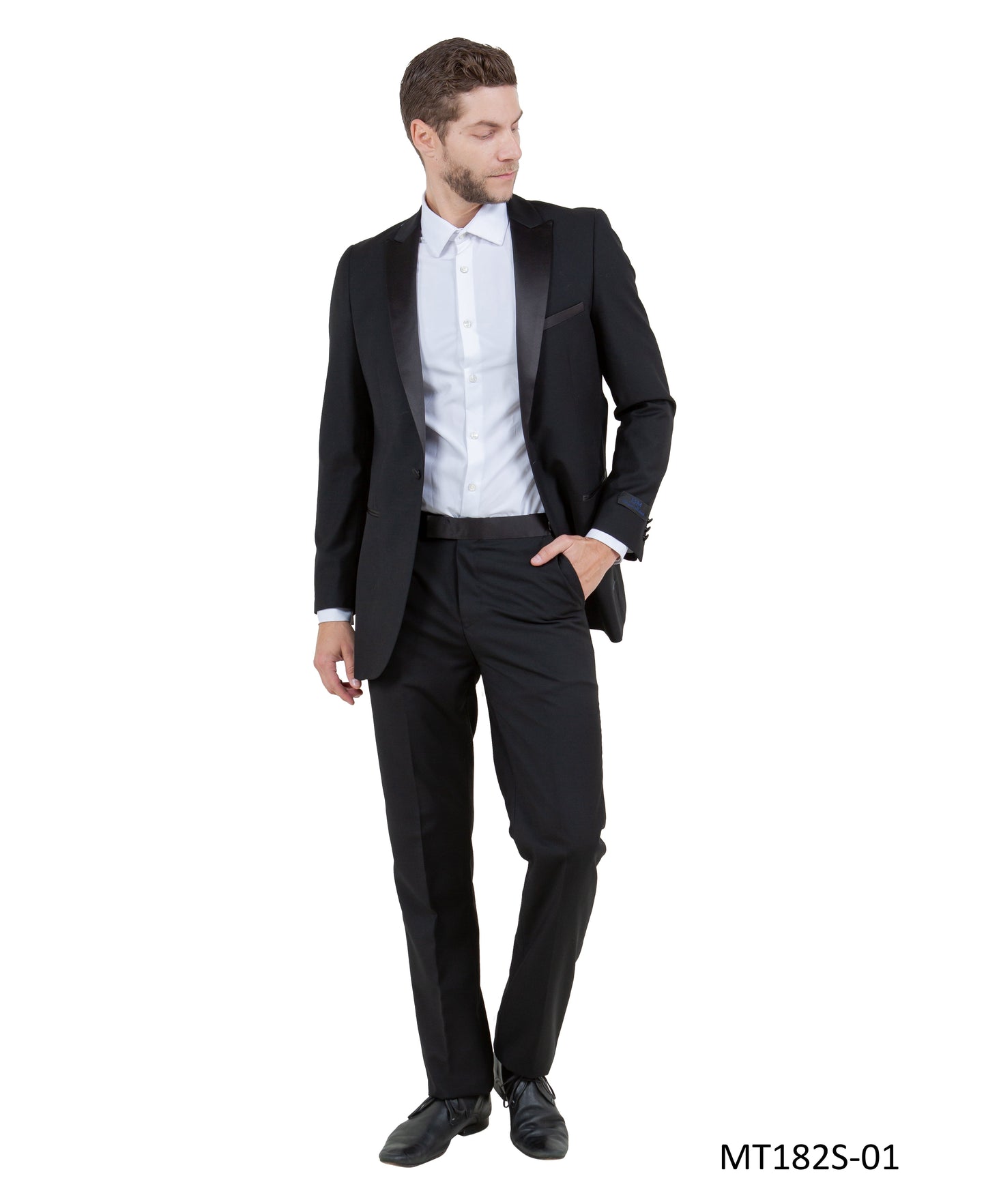Black on Black Satin Peak Lapel Slim Fit 2 Piece Bryan Michaels Men's Tuxedo