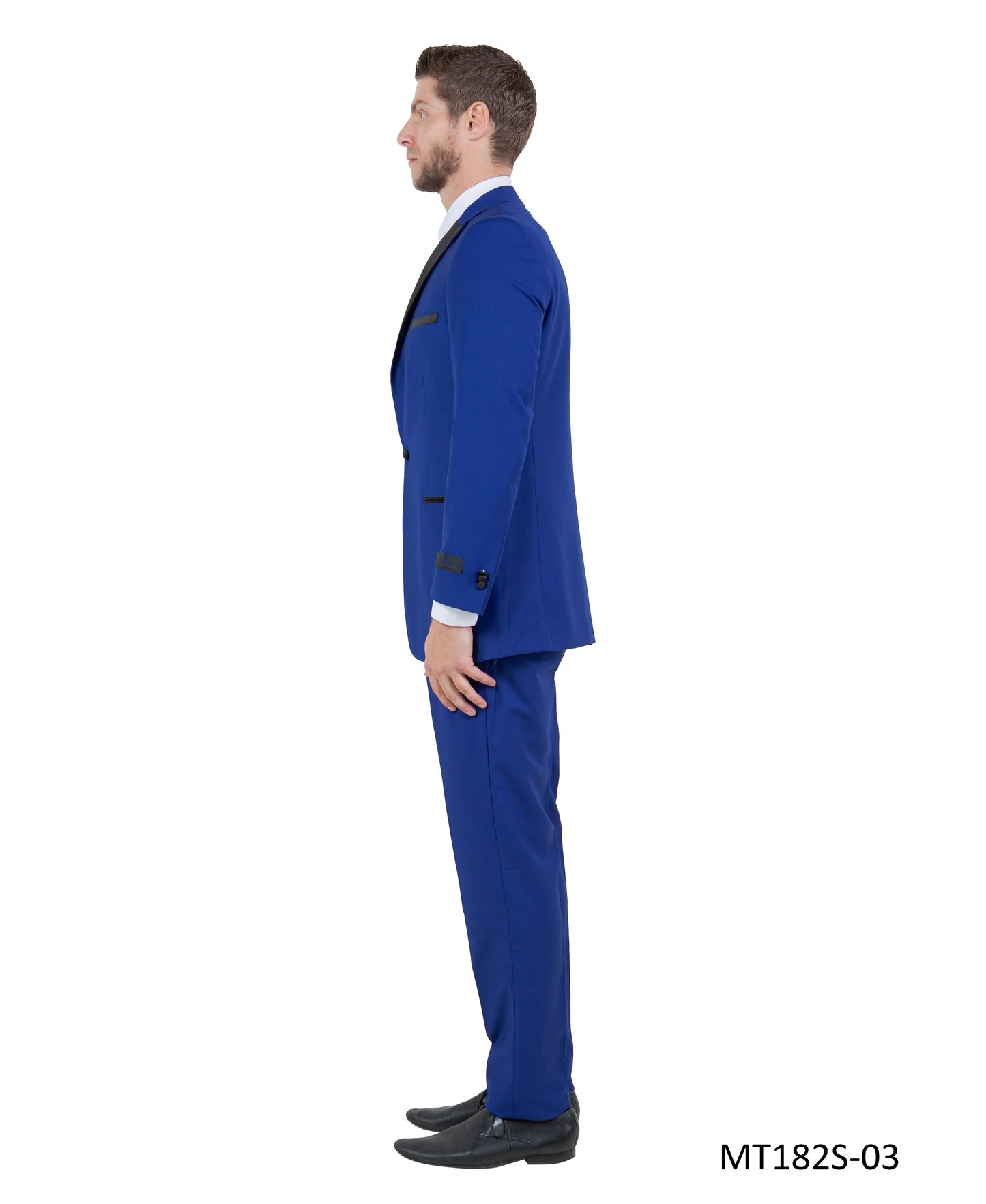 Royal on Black Satin Peak Lapel Slim Fit 2 Piece Bryan Michaels Men's Tuxedo
