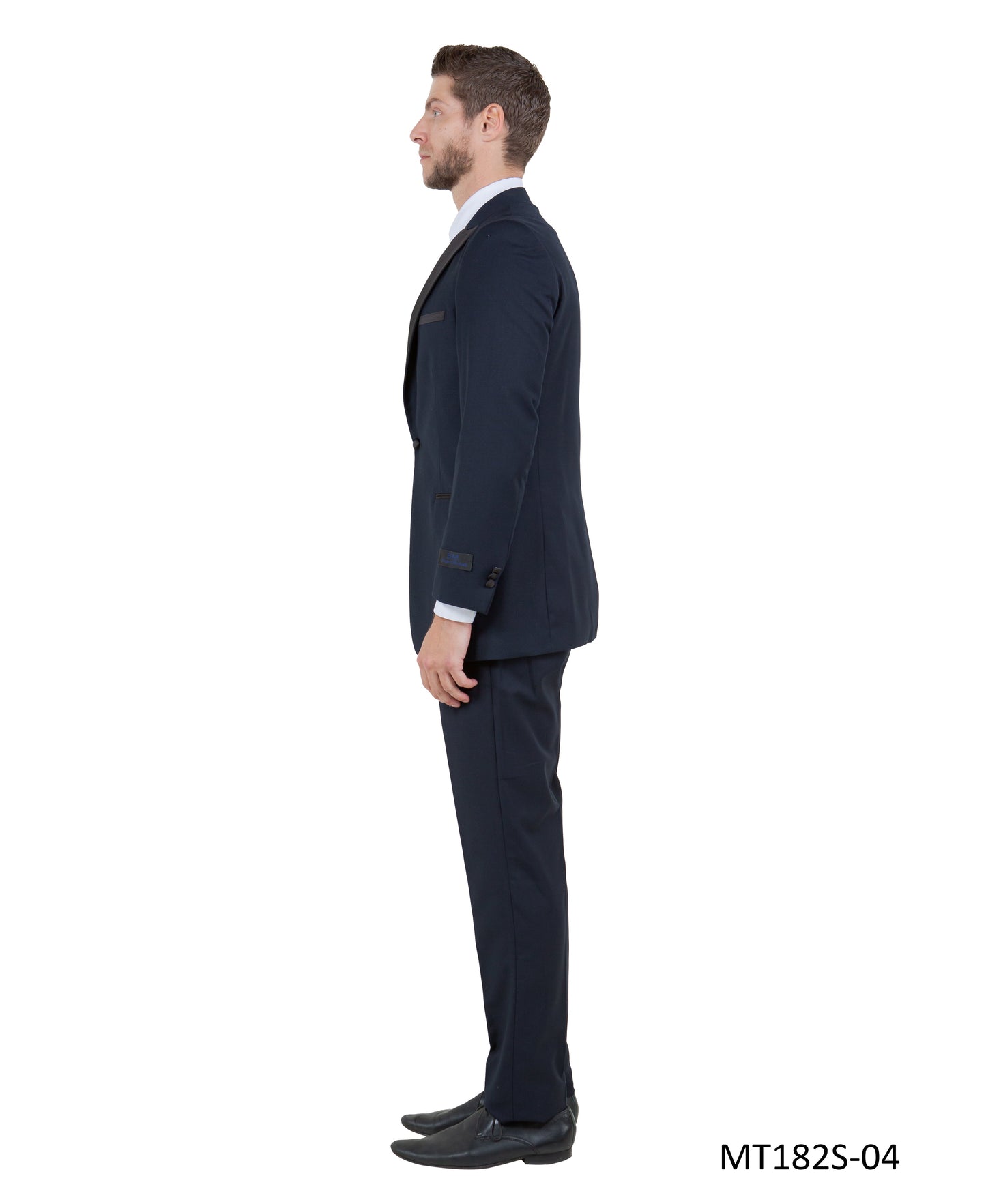Navy on Black Satin Peak Lapel Slim Fit 2 Piece Bryan Michaels Men's Tuxedo