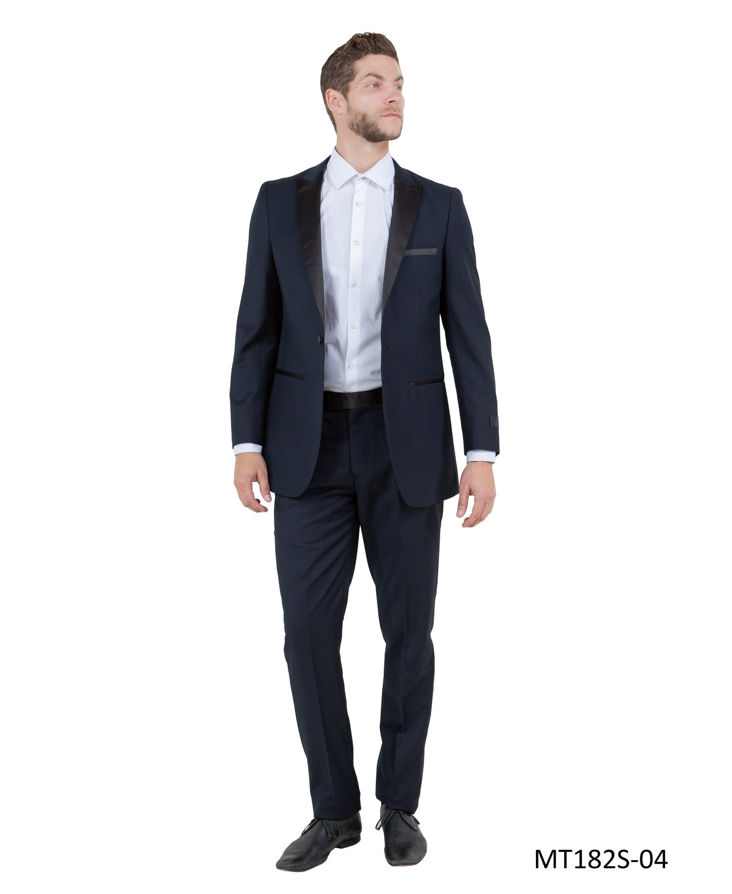 Navy on Black Satin Peak Lapel Slim Fit 2 Piece Bryan Michaels Men's Tuxedo