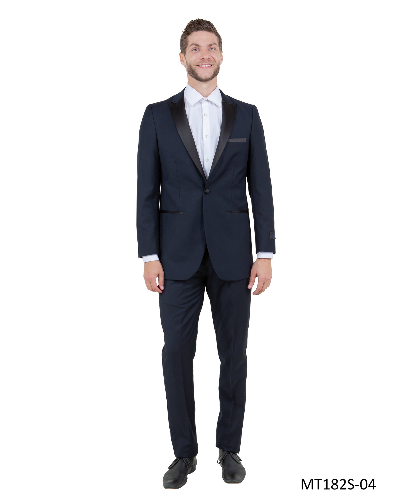 Navy on Black Satin Peak Lapel Slim Fit 2 Piece Bryan Michaels Men's Tuxedo
