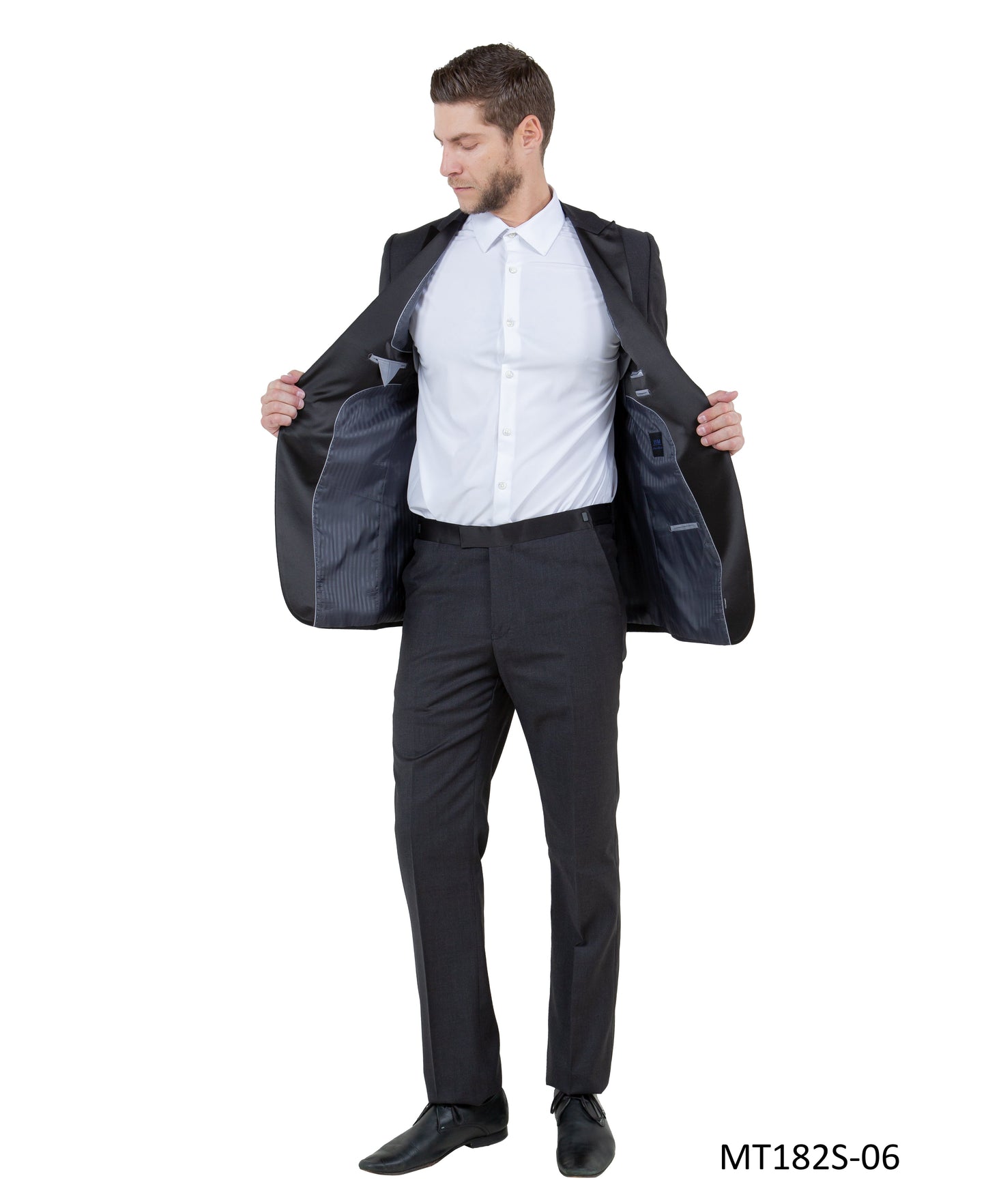 Charcoal on Black Satin Peak Lapel Slim Fit 2 Piece Bryan Michaels Men's Tuxedo